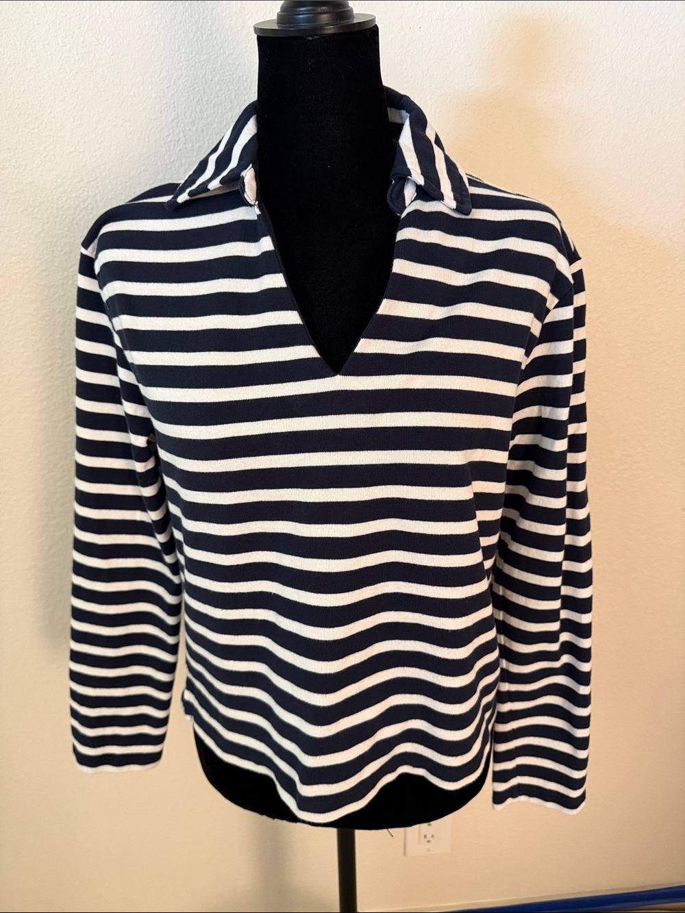 Boden Navy and White Striped Collared V-Neck Top 100% Cotton
